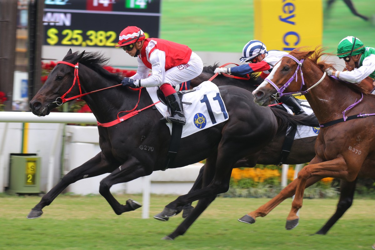 Accelerando accelerates to register the first of Alexis Badel’s three wins at Sha Tin. Photo: Kenneth Chan