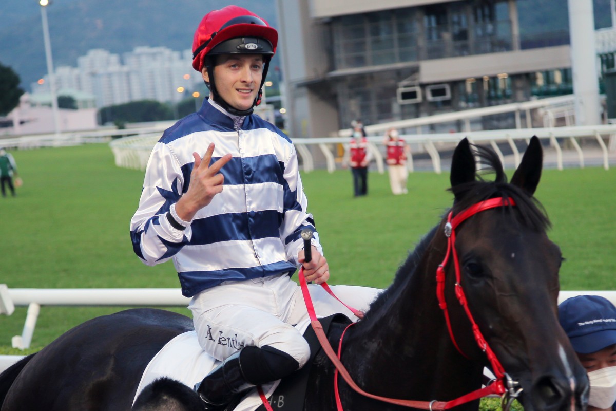 Harry Bentley celebrates his recent treble. Photo: Kenneth Chan