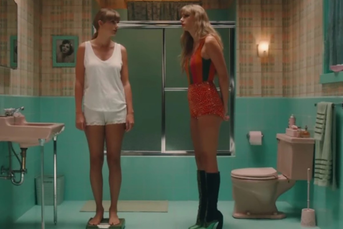 The music video originally showed Swift reading the verdict ‘fat’ from a bathroom scale. Photo: YouTube