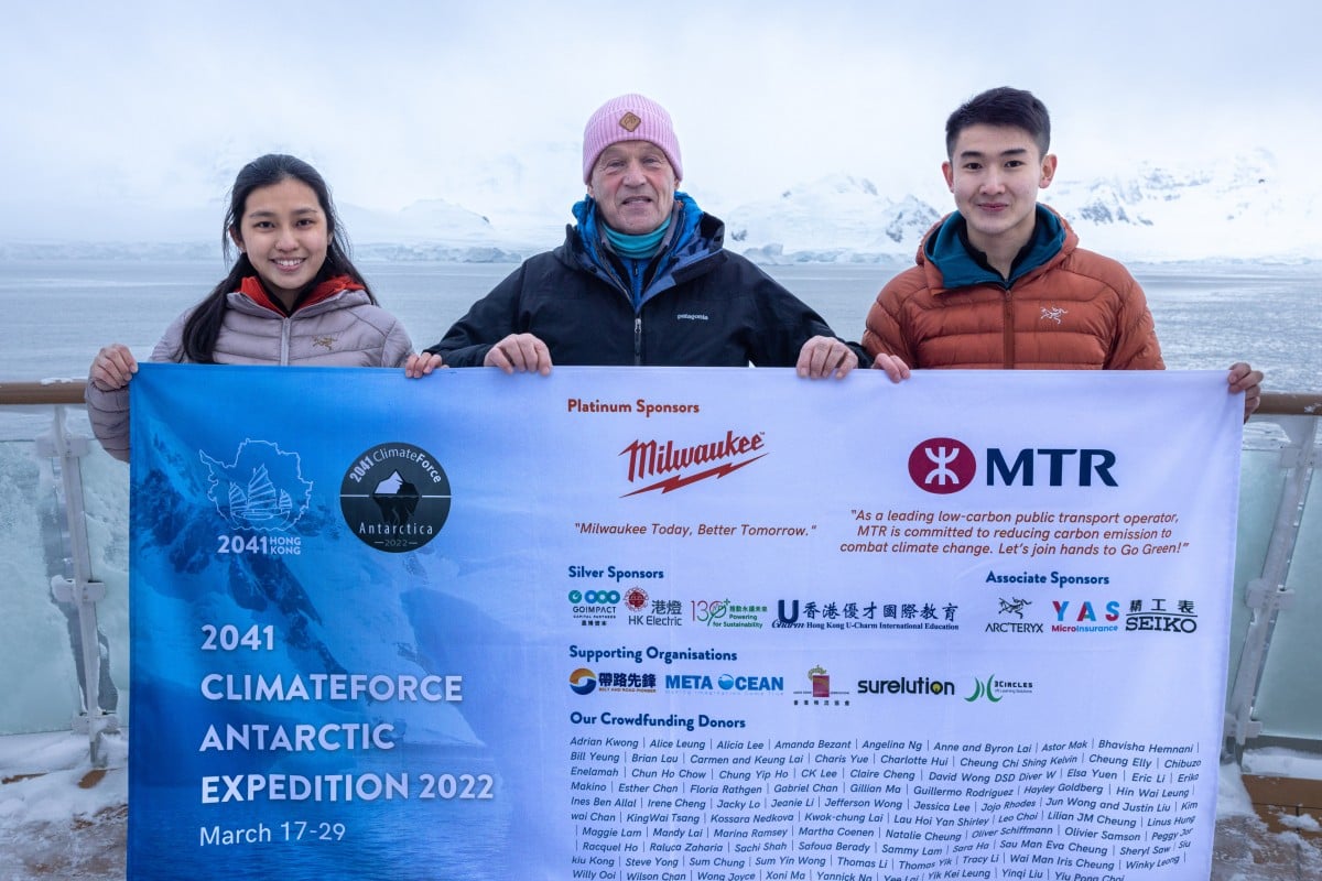 Christie Lai (left) and Justin Yeung (right) with Robert Swan on an expedition to Antarctica. Photo: Handout