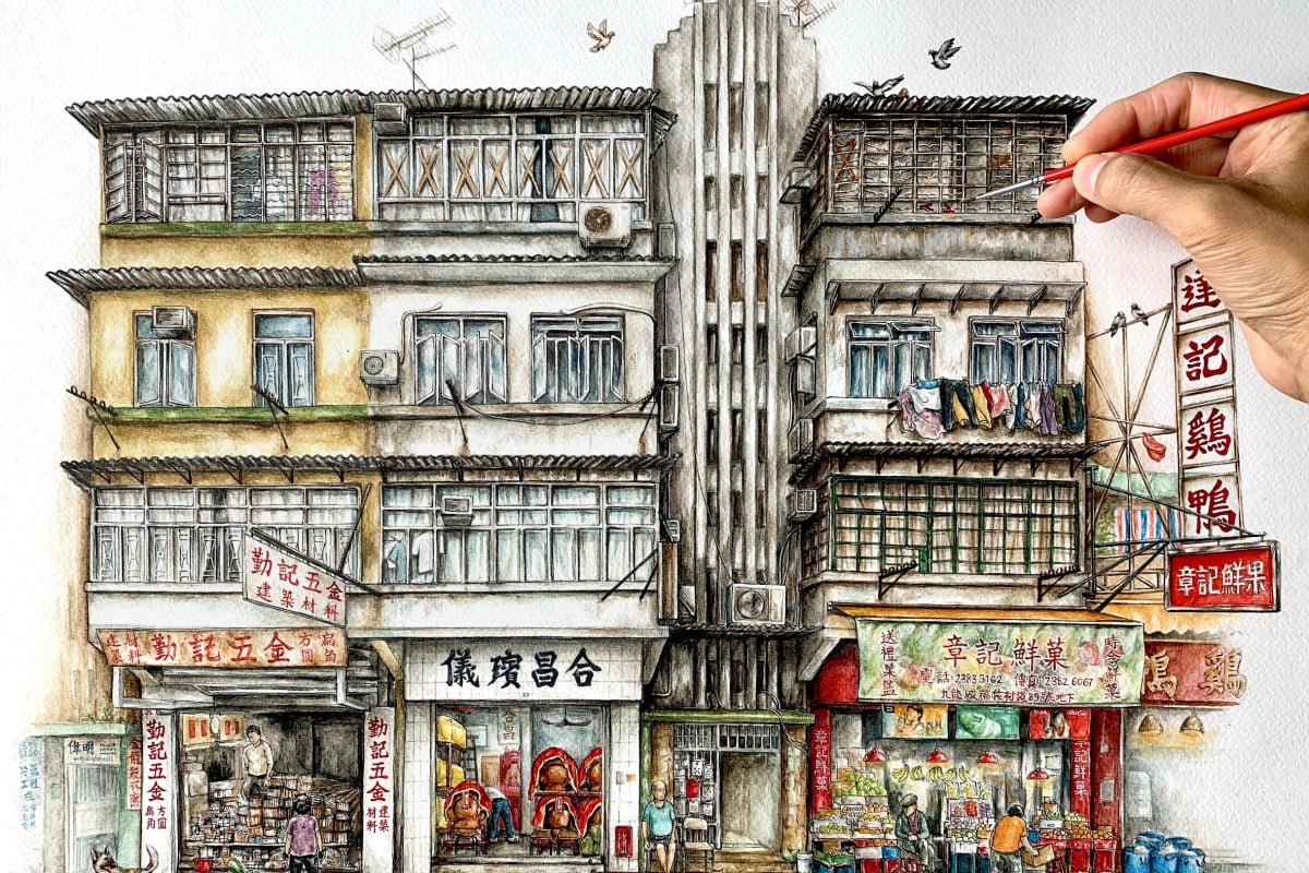 Hong Kong artist Alvin Lam’s painting, “14 years in Kowloon City”, offers an up-close and personal look at the traditional shops on Fuk Lo Tsun Road. Photo: Alvin Lam