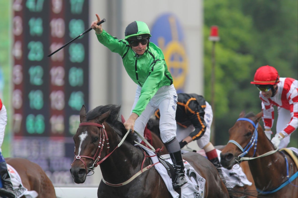 James McDonald salutes after Xtension’s win in the 2012 Champions Mile. Photos: Kenneth Chan
