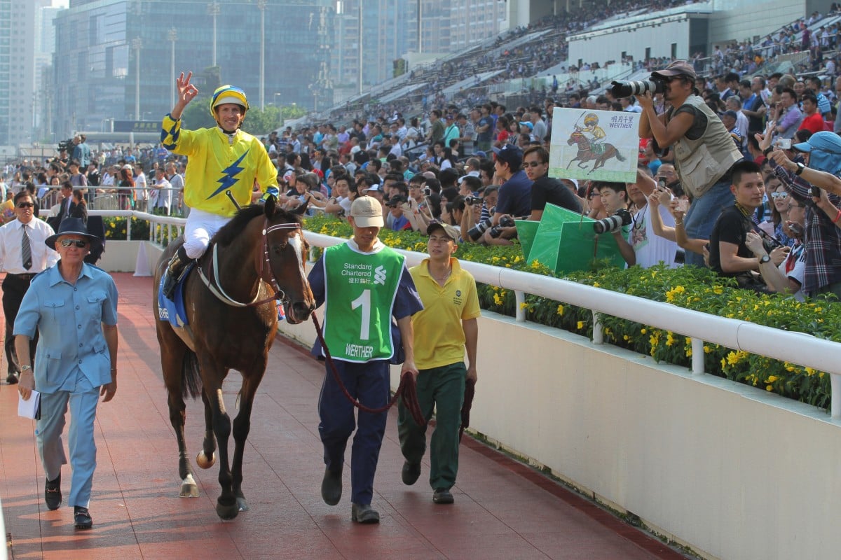 Hugh Bowman celebrates Werther’s win in the 2017 Champions & Chater Cup. Photos: Kenneth Chan