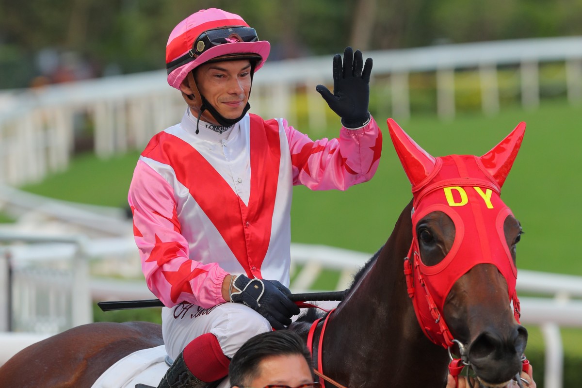 Jockey Alexis Badel is all smiles after a recent winner. Photos: Kenneth Chan