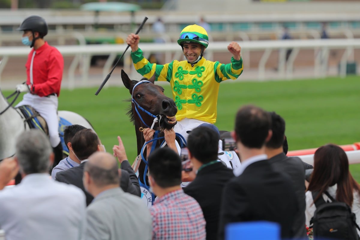 Joao Moreira celebrates his 2021 Hong Kong Derby win aboard Sky Darci. Photos: Kenneth Chan