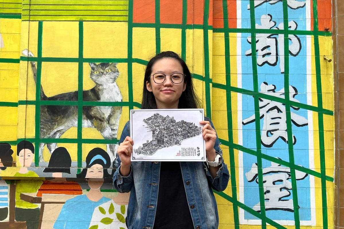 Hong Kong artist Lam Suet-ying created an ink-wash painting that features 54 stores and landmarks in Yau Tsim Mong district. Photo: Kelly Fung