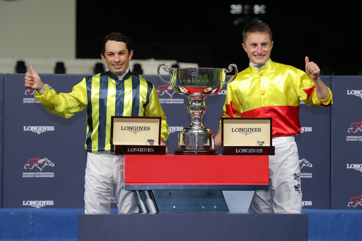 Silvestre de Sousa (left) and Tom Marquand celebrate their International Jockeys’ Championship wins. Photo: Kenneth Chan