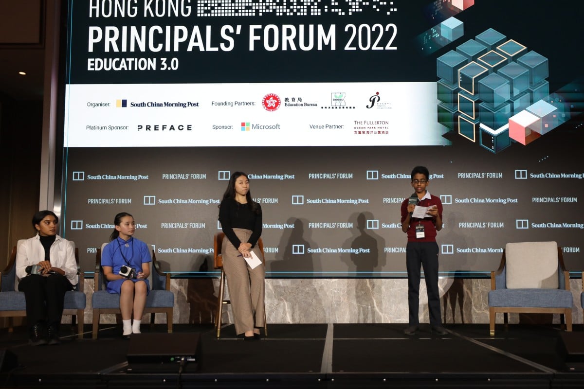 Student debaters Shriya Srinivasan, Clarisse Poon, Vijay Narayanan and Wong Ka-yu stand with Young Post reporter Yanni Chow (centre) at the Hong Kong Principals’ Forum 2022, held at The Fullerton Ocean Park Hotel Hong Kong in Aberdeen. Photo: Xiaomei Chen