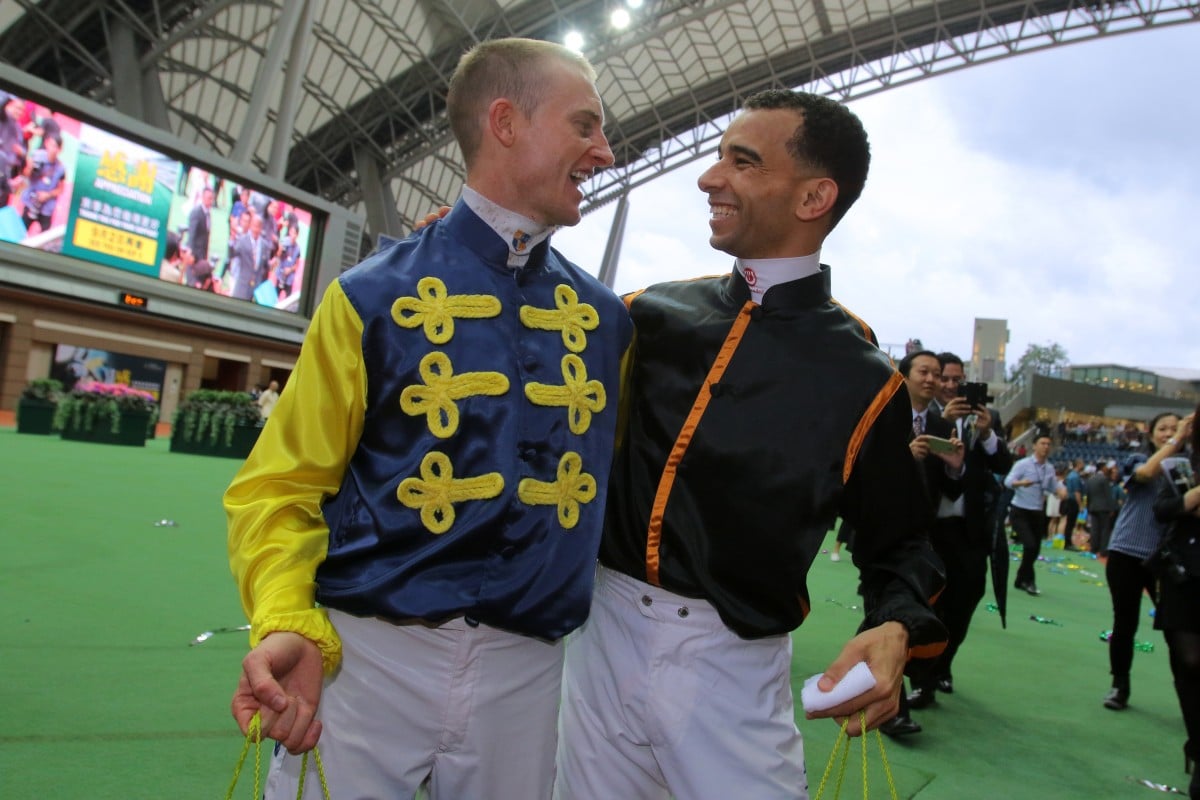 Zac Purton (left) and Joao Moreira are all smiles at the end of the 2017-18 season. Photos: Kenneth Chan