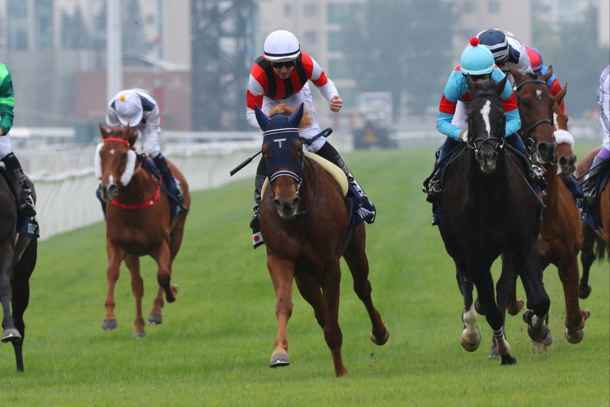 Jockey Damian Lane pumps his fist as Win Marilyn takes out the Hong Kong Vase. Photos: Kenneth Chan