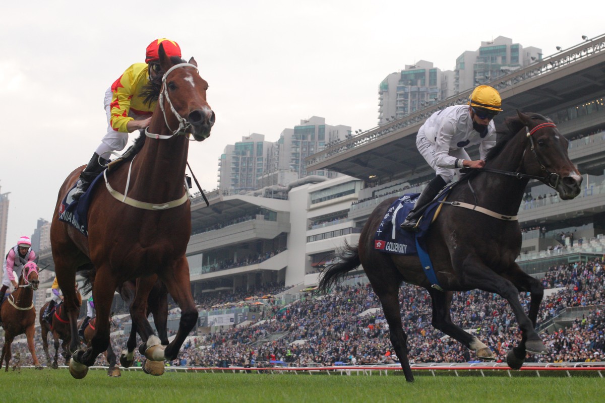 California Spangle (left) beats Golden Sixty by a neck to win the Group One Longines Hong Kong Mile at Sha Tin on Sunday. Photos: Kenneth Chan
