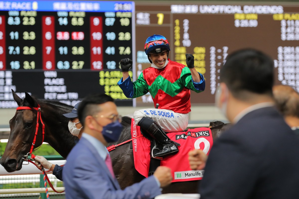 Silvestre de Sousa celebrates Money Catcher’s January Cup win at Happy Valley on Wednesday night. Photo: Kenneth Chan