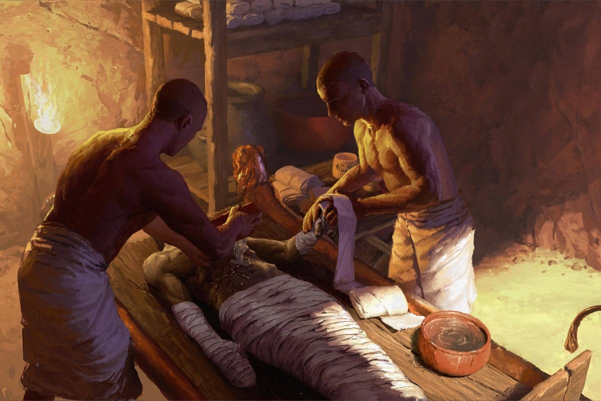 This handout image released by The Ludwig Maximilian University Munich on January 31, 2023 shows an artist’s impression of embalming scenes which could have taken place in Saqqara, Egypt. Photo: AFP/ Ludwig Maximilian University Munich/Nikola Nevenov