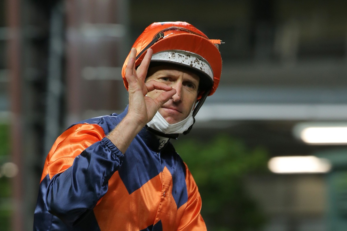 Hugh Bowman celebrates a winner at Happy Valley on Wednesday night. Photo: Kenneth Chan