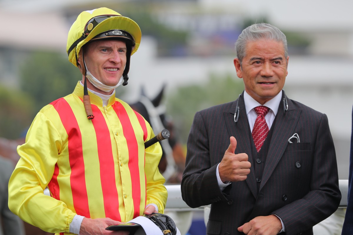 Tony Cruz celebrates his 1,000th Sha Tin win with Circuit Stellar’s jockey, Zac Purton, following Sunday’s Class Two Belcher Bay Handicap (1,400m). Photos: Kenneth Chan