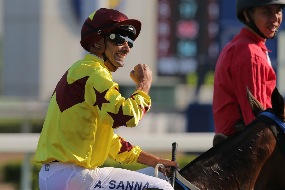 Alberto Sanna celebrates a victory aboard the Caspar Fownes-trained Southern Legend. Photo: Kenneth Chan