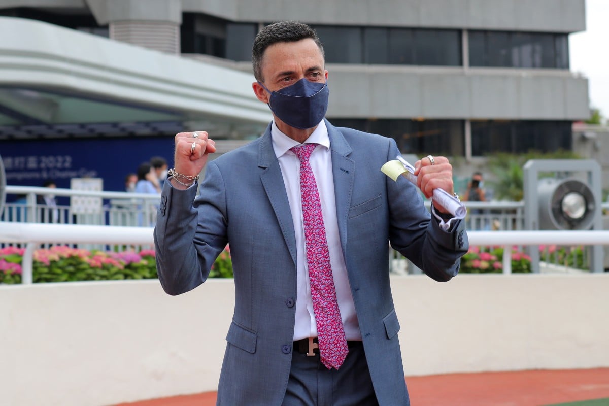 Douglas Whyte celebrates Russian Emperor’s Group One Champions & Chater Cup (2,400m) win at Sha Tin on May 22. Photo: Kenneth Chan