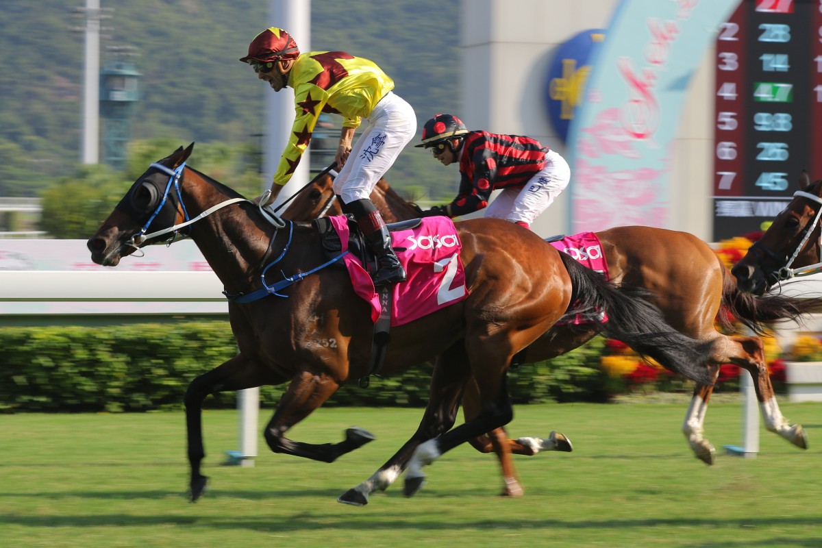 Alberto Sanna wins the 2019 Sa Sa Ladies’ Purse aboard Southern Legend. Photos: Kenneth Chan