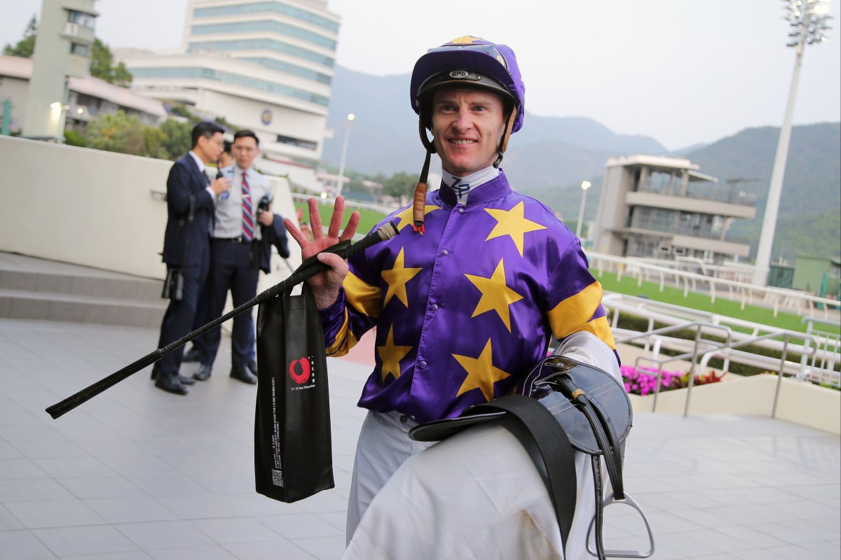 Zac Purton enjoys his four-timer at Sha Tin on Saturday. Photo: Kenneth Chan