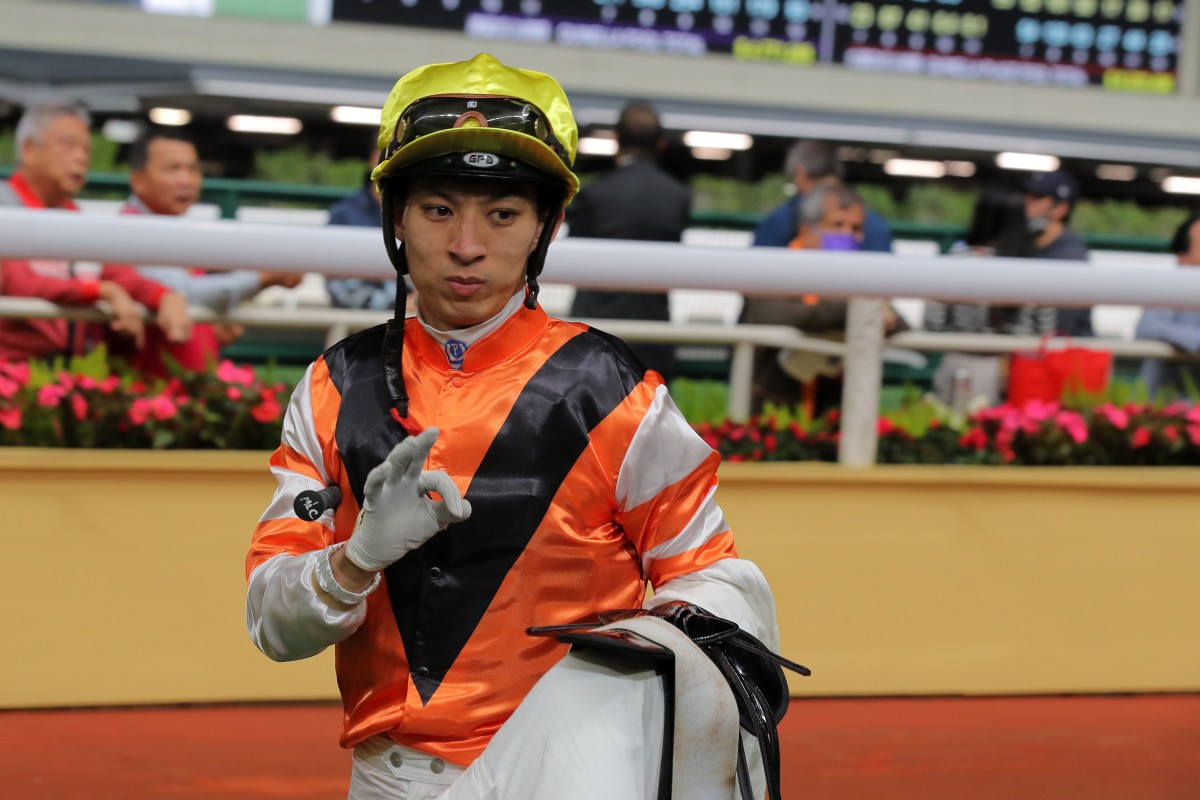 Matthew Chadwick celebrates his win aboard Pegasus General at Happy Valley on March 8 that brought up his meeting treble. Photo: Kenneth Chan