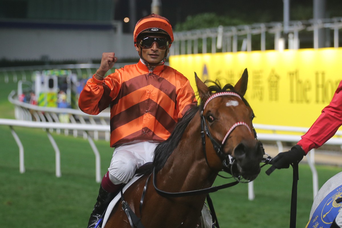 Karis Teetan celebrates a recent Happy Valley winner. Photo: Kenneth Chan