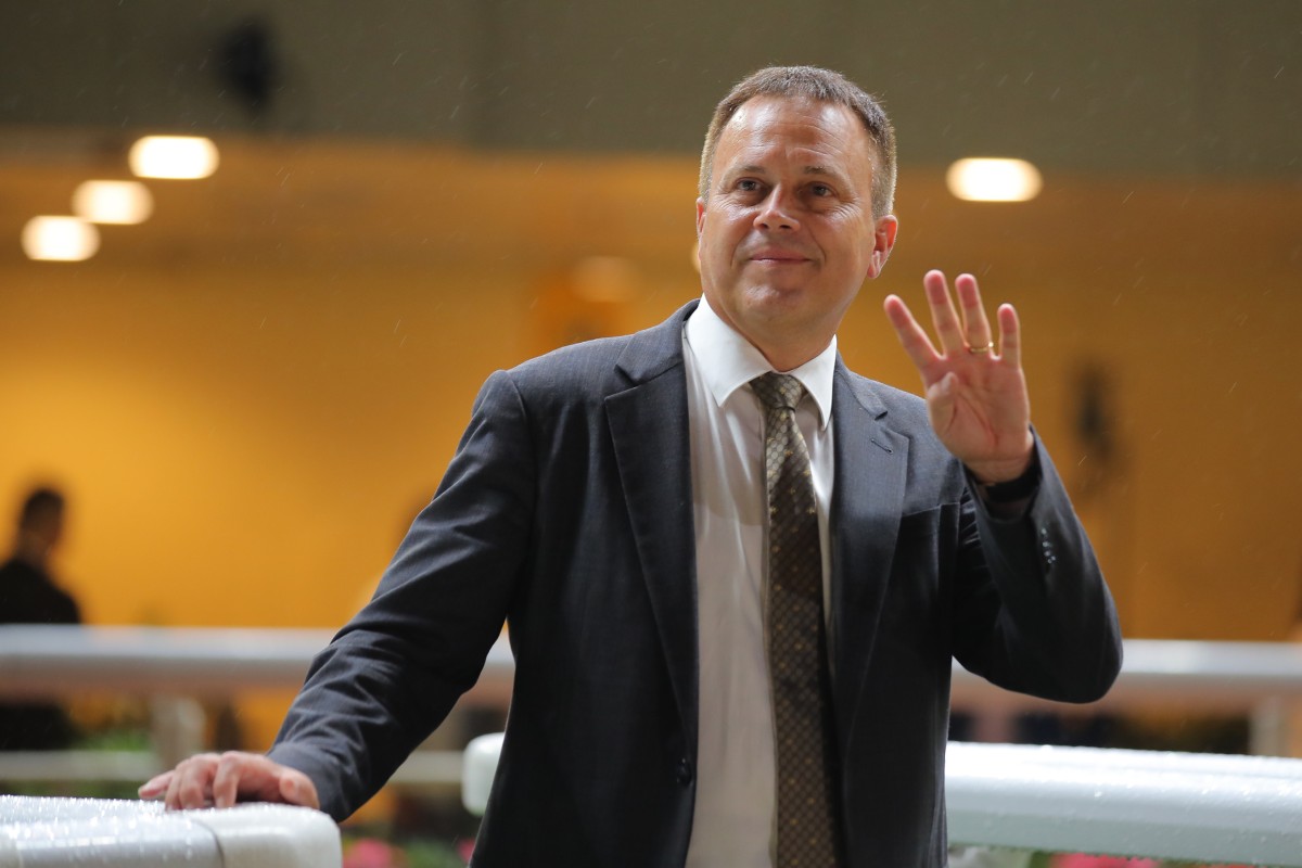 Caspar Fownes celebrates his four wins at Happy Valley on Thursday night. Photo: Kenneth Chan