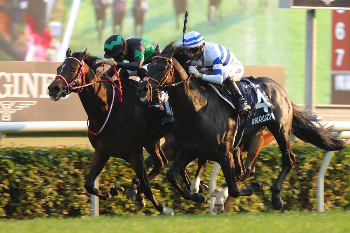 Hishi Iguazu (outside) finishes second to Loves Only You in the 2021 Hong Kong Cup. Photos: Kenneth Chan