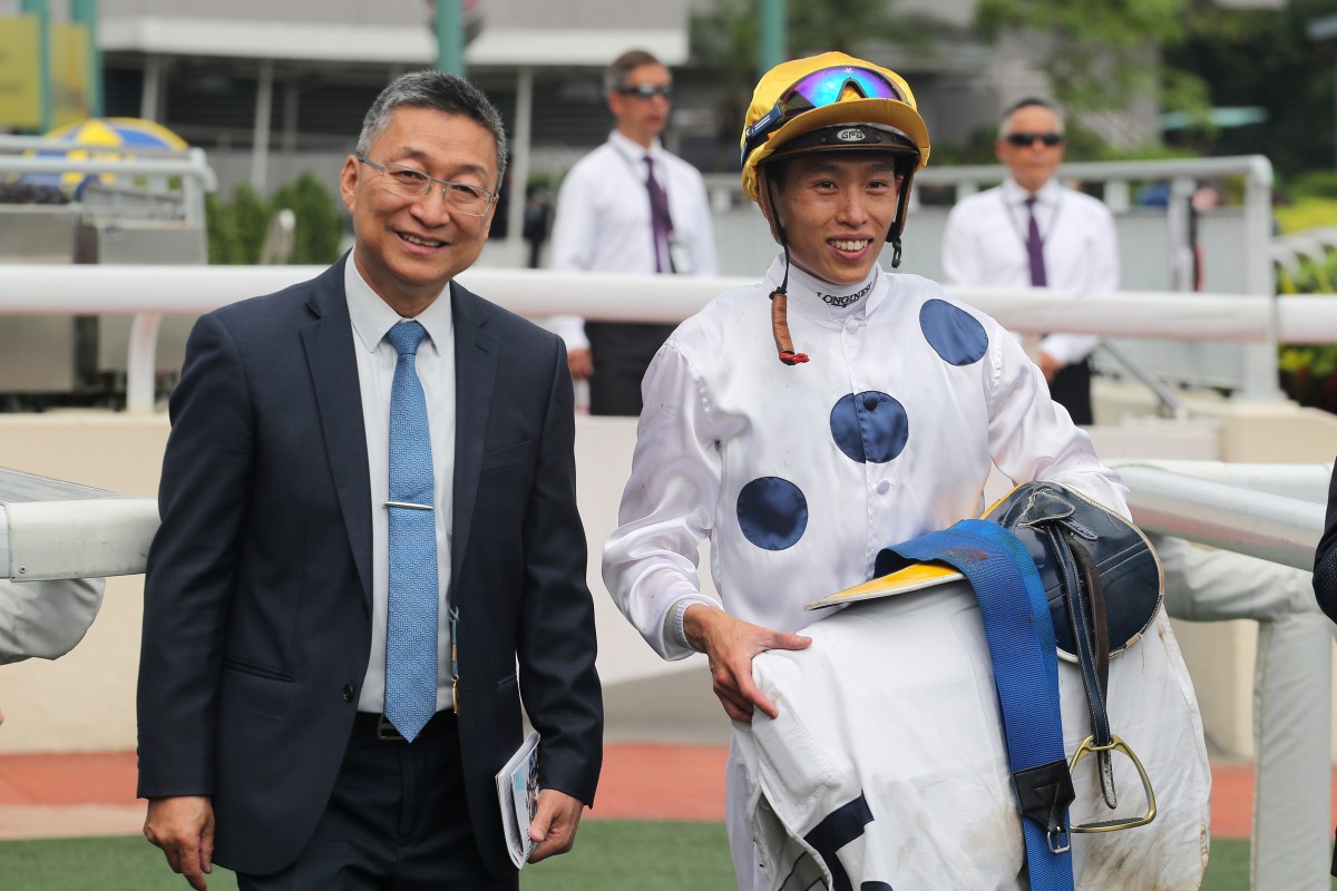 Francis Lui and Vincent Ho celebrate Golden Samurai’s win at Sha Tin on Saturday. Photo: Kenneth Chan