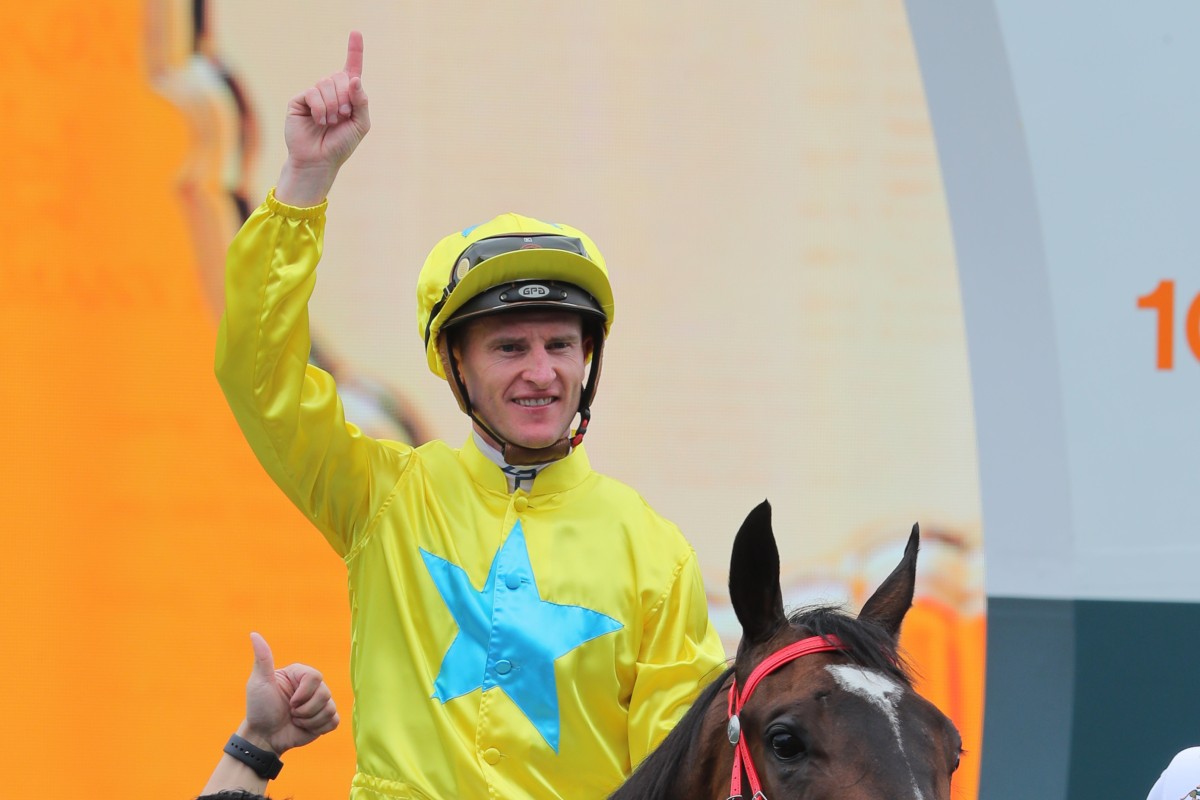 Zac Purton celebrates Lucky Sweynesse’s Chairman’s Sprint Prize victory at Sha Tin on Sunday. Photos: Kenneth Chan