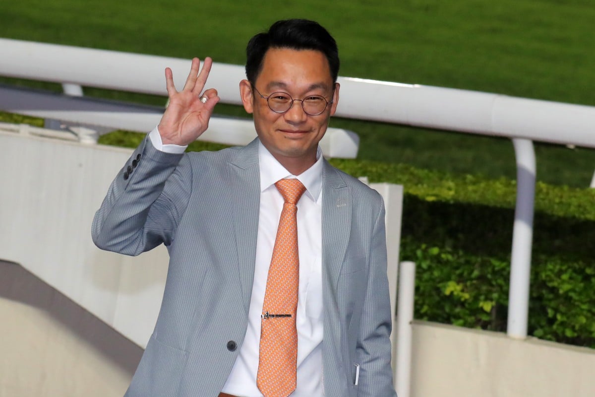 Trainer Jimmy Ting celebrates his treble at Sha Tin on Wednesday night. Photo: Kenneth Chan