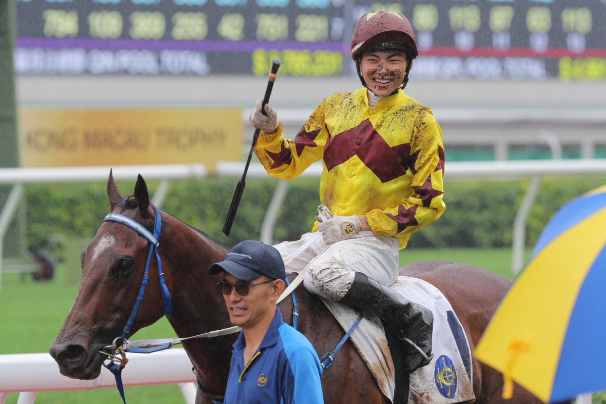 Ellis Wong is all smiles after saluting aboard Storm Legend at Sha Tin on Saturday. Photos: Kenneth Chan