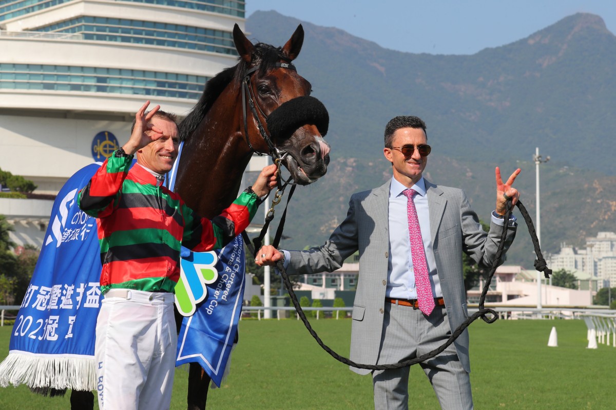 Jockey Hugh Bowman and trainer Douglas Whyte celebrate Russian Emperor’s Champions & Chater Cup victory. Photos: Kenneth Chan
