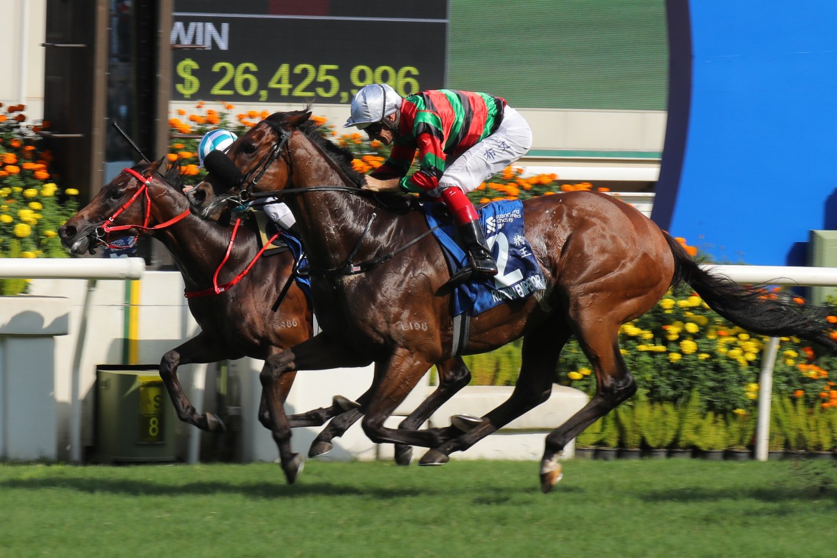 Russian Emperor (outside) defeats Romantic Warrior in Sunday’s Champions & Chater Cup. Photo: Kenneth Chan