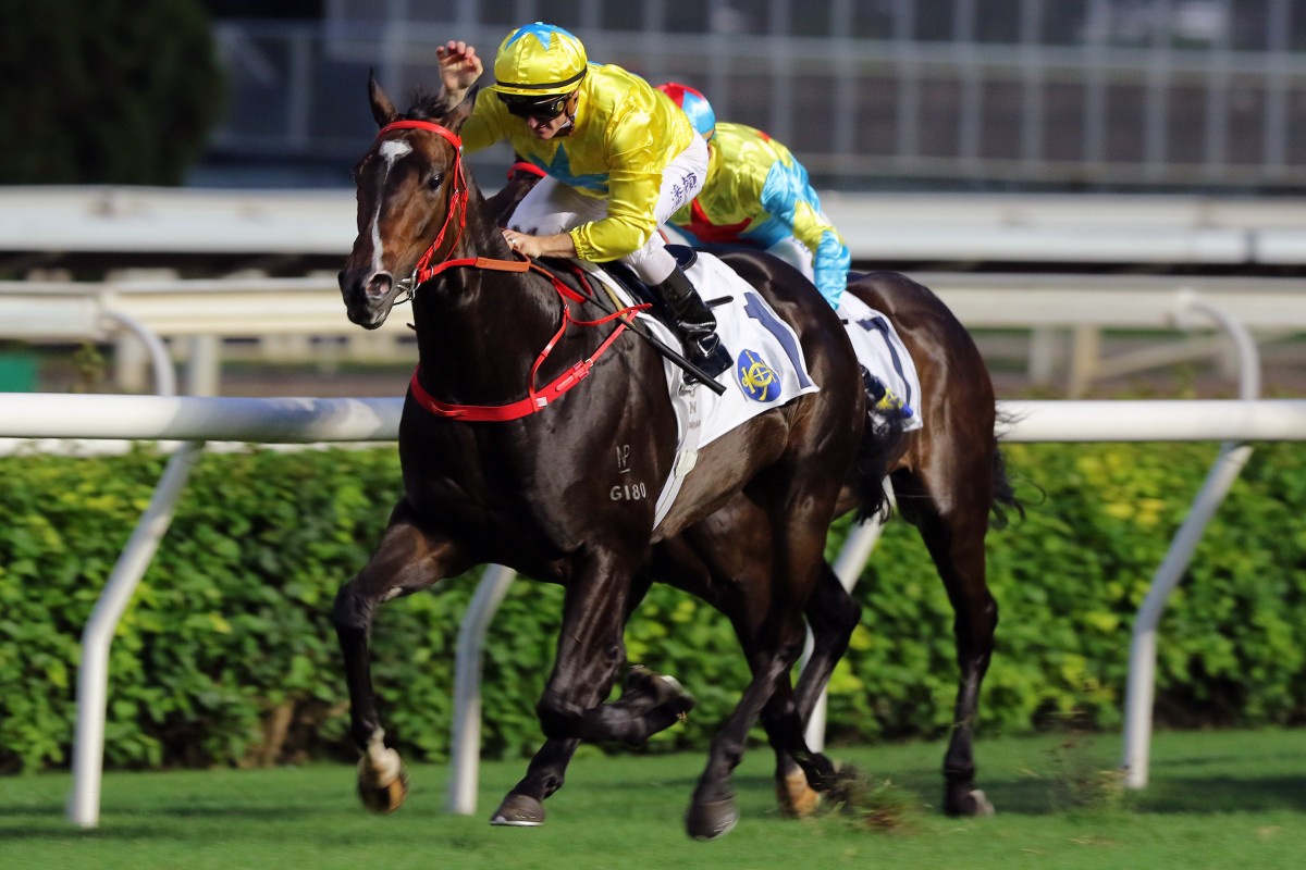 Zac Purton gives Lucky Sweynesse a pat as they win the Sha Tin Vase on Sunday. Photos: Kenneth Chan