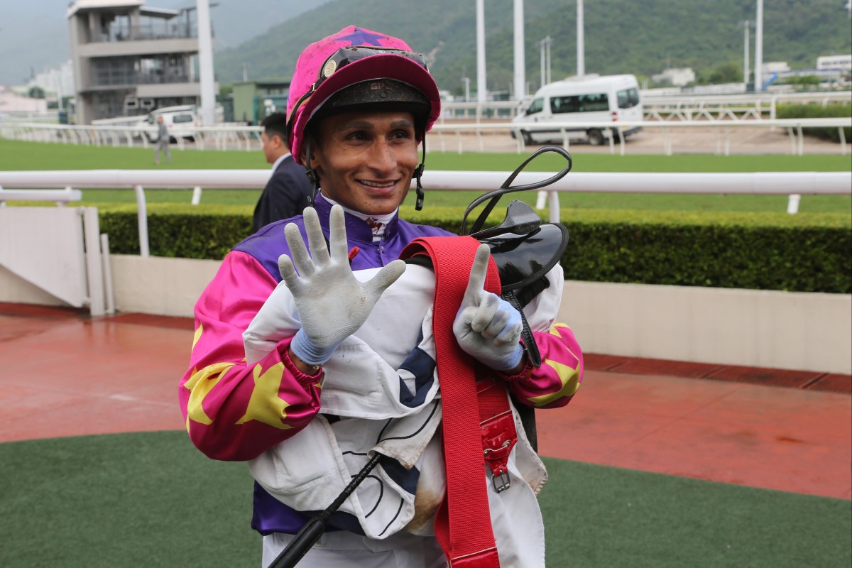 Karis Teetan celebrates his 600th Hong Kong winner at Sha Tin on Sunday. Photo: Kenneth Chan