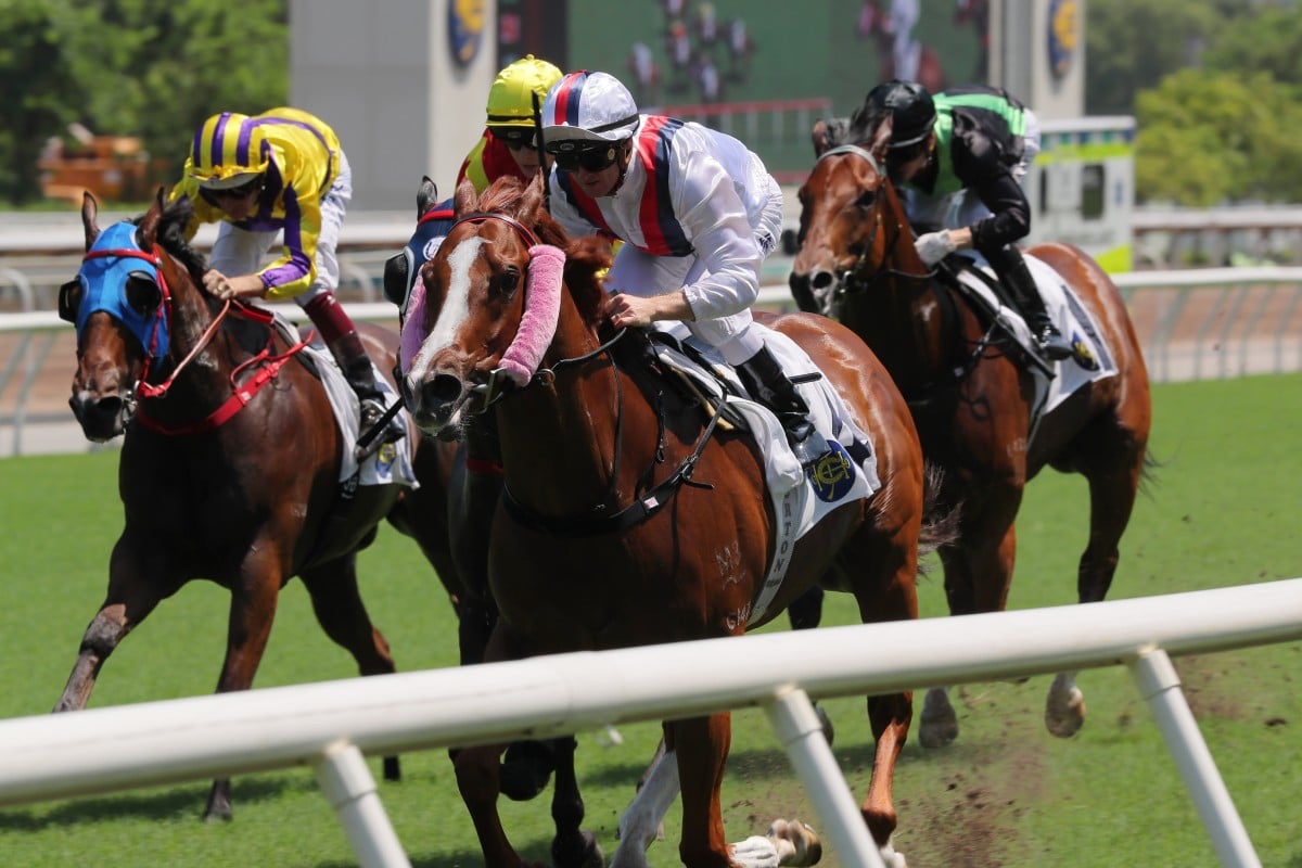 Zac Purton steers Stoltz to victory in a Class Two sprint over 1,000m at Sha Tin on May 28. Photo: Kenneth Chan