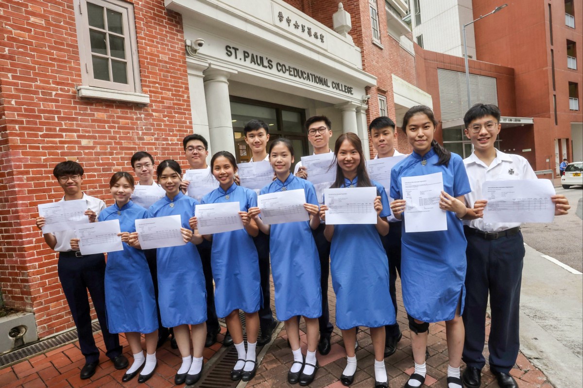 Students at St Paul’s Co-educational College receive their IB results. Photo: Jonathan Wong