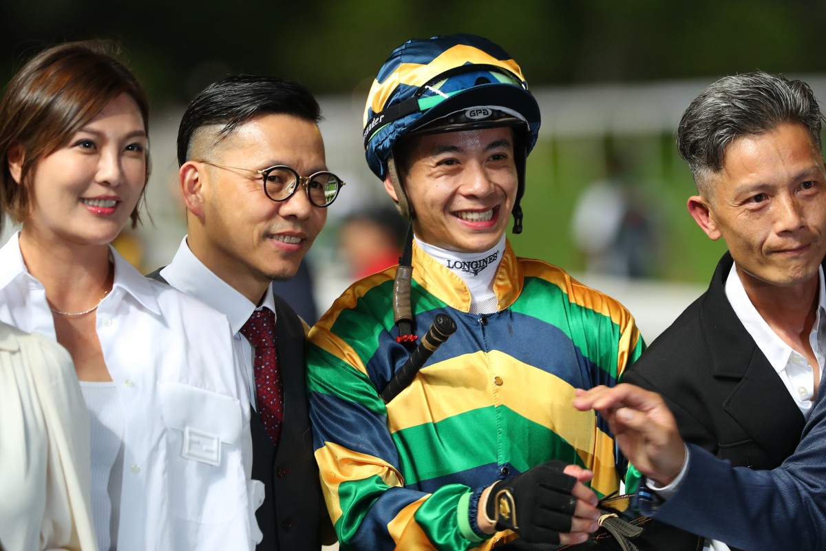 Trainer Frankie Lor celebrates A Pal’s win at Sha Tin on June 4 with jockey Derek Leung and other connections. Photo: Kenneth Chan