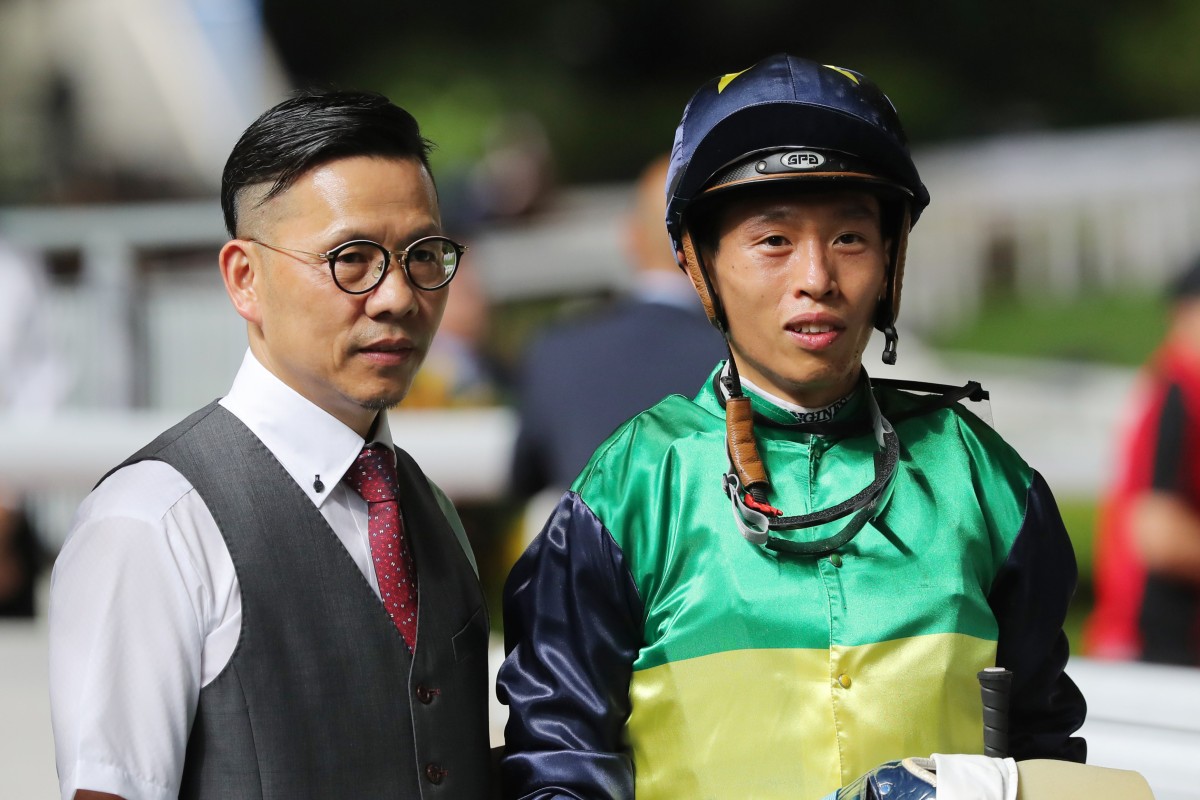 Trainer Frankie Lor and jockey Vincent Ho celebrate Youthful Deal’s hat-trick win at Sha Tin on June 4. Photo: Kenneth Chan