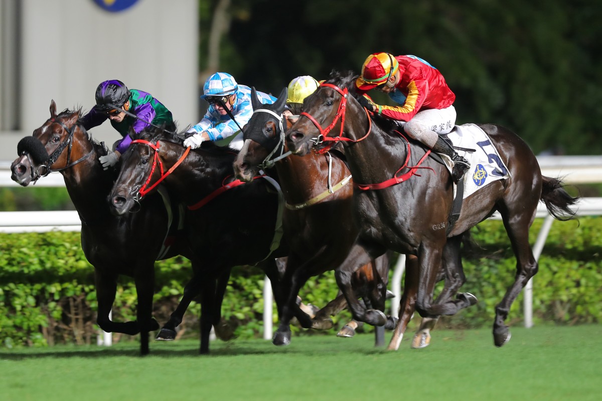 Encountered (outside) finishes strongly to win Sunday’s feature at Sha Tin. Photos: Kenneth Chan