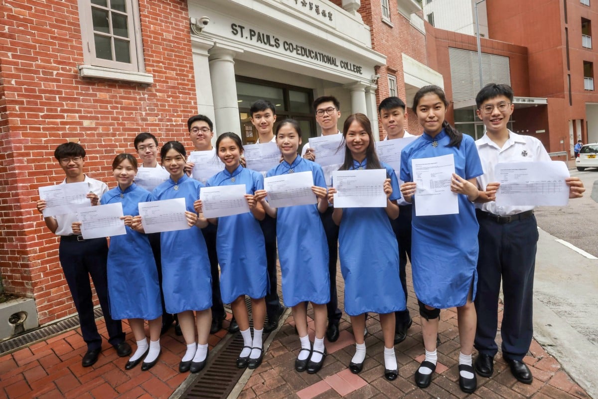 High-scoring students from St Paul’s Co-educational College show off their IB results. Photo: Jonathan Wong