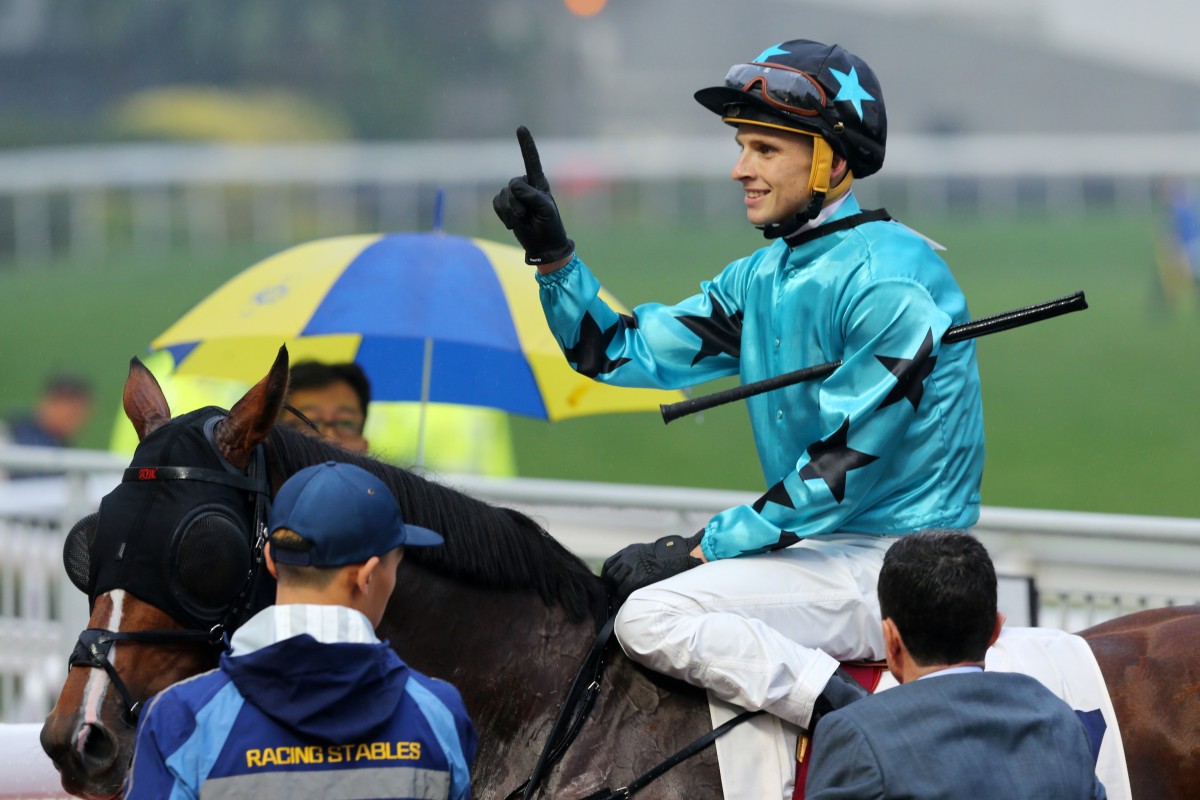 Lyle Hewitson celebrates his first Hong Kong victory aboard Last Kingdom at Sha Tin in December 2019. Photos: Kenneth Chan