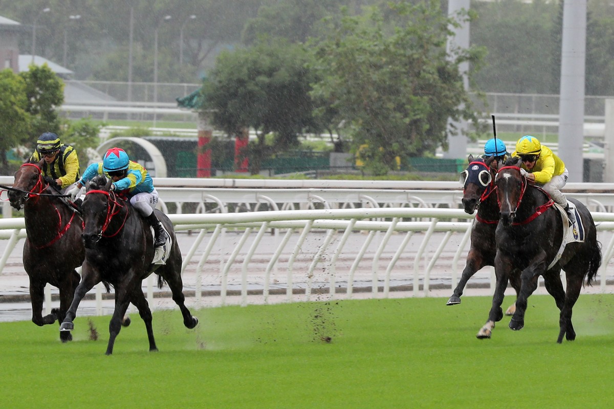 Victor The Winner (left) beats Lucky Sweynesse in the Class One HKSAR Chief Executive’s Cup (1,200m) at Sha Tin on Sunday. Photo: Kenneth Chan