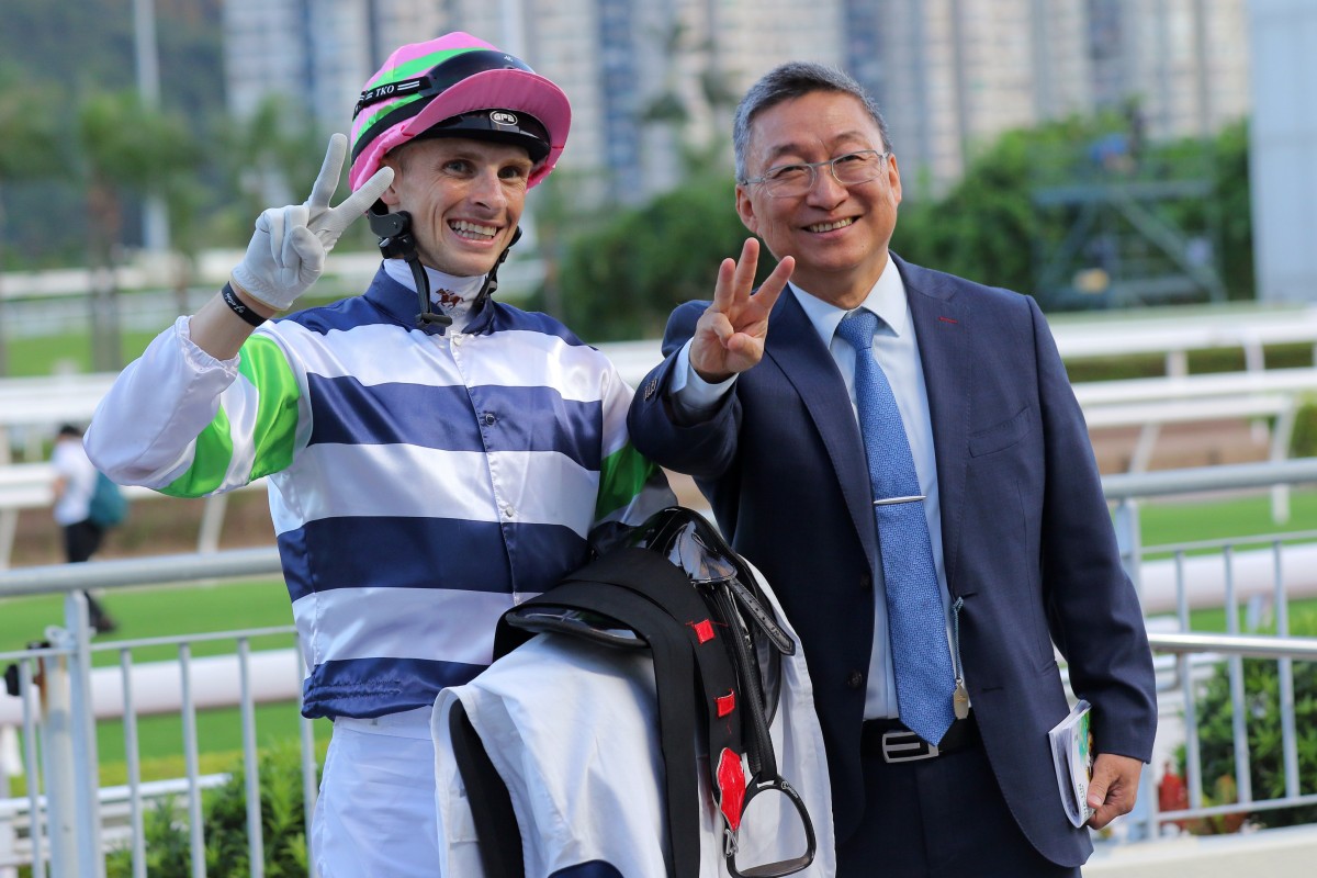 Lyle Hewitson and Francis Lui celebrate their respective Sha Tin multiples on Sunday. Photos: Kenneth Chan