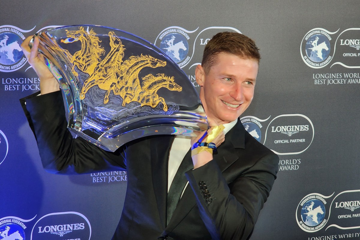 James McDonald receives the 2022 Longines World’s Best Jockey Award at the Hong Kong Convention and Exhibition Centre on December 9. Photo: Kenneth Chan