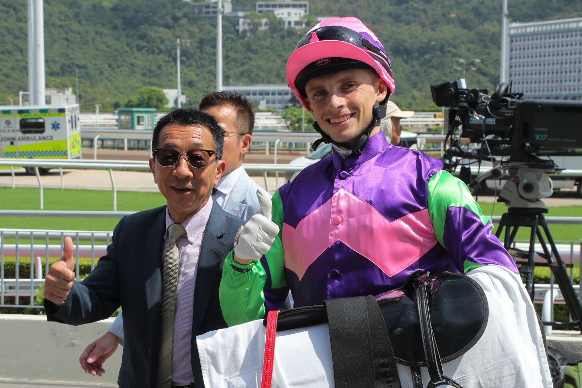 Jockey Lyle Hewitson enjoys Sparkling Dolphin’s recent win with trainer Me Tsui. Photos: Kenneth Chan
