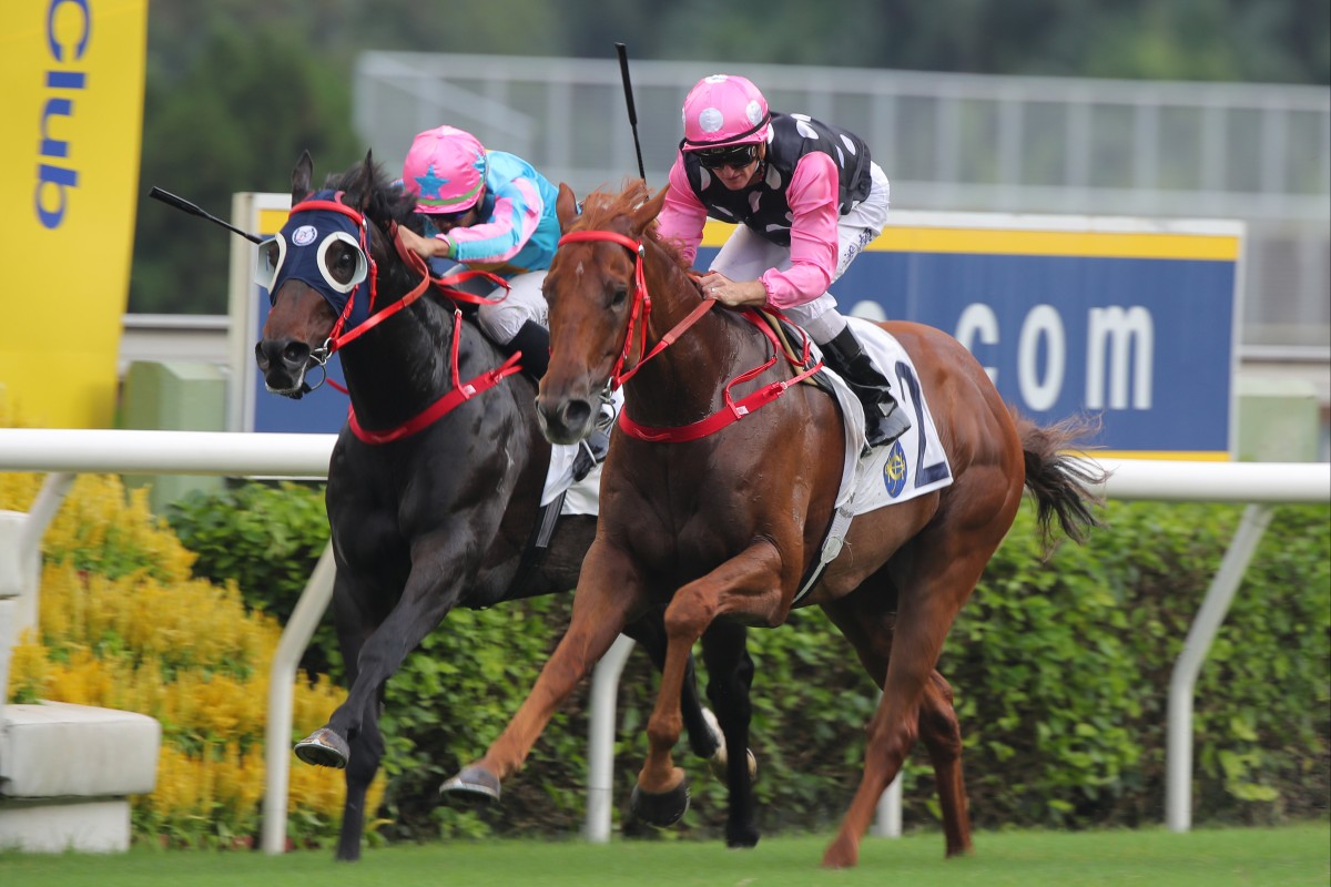 Beauty Eternal (right) wins June’s Group Three Premier Cup (1,400m) under Zac Purton. Photos: Kenneth Chan