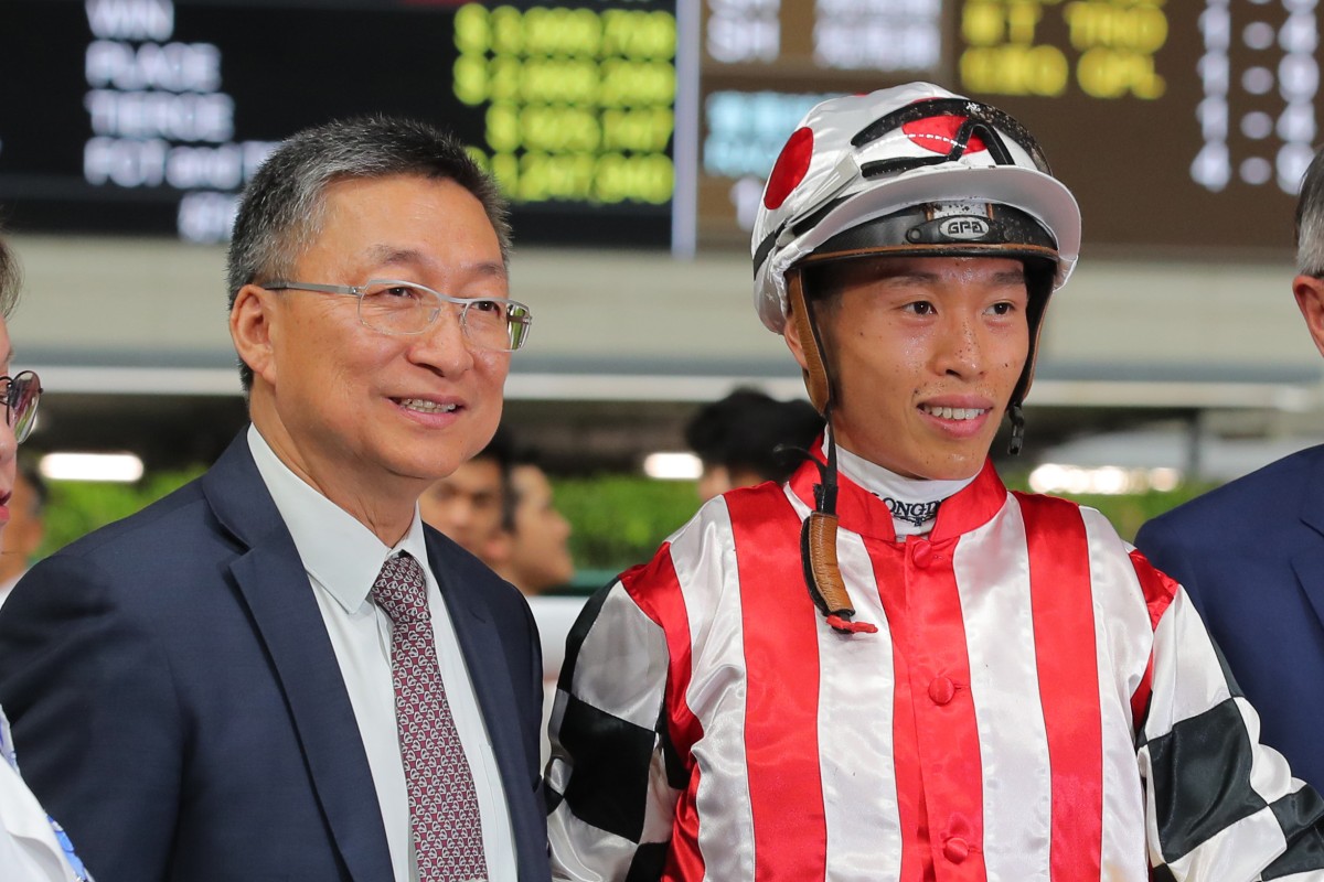 Trainer Francis Lui and jockey Vincent Ho after Joyful Hunter’s victory in July. Photo: Kenneth Chan