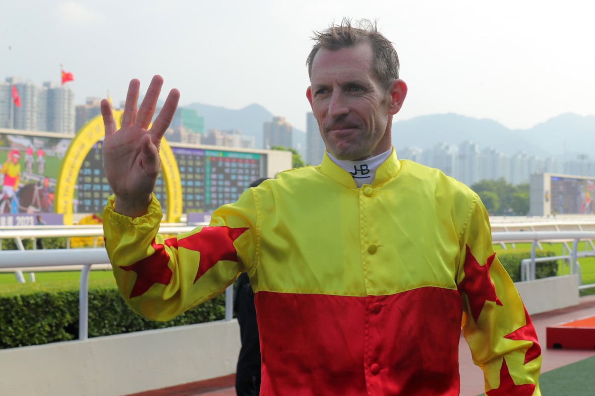 Hugh Bowman celebrates his four-timer after California Spangle’s Group Two Sha Tin Trophy (1,600m) win on Sunday. Photos: Kenneth Chan