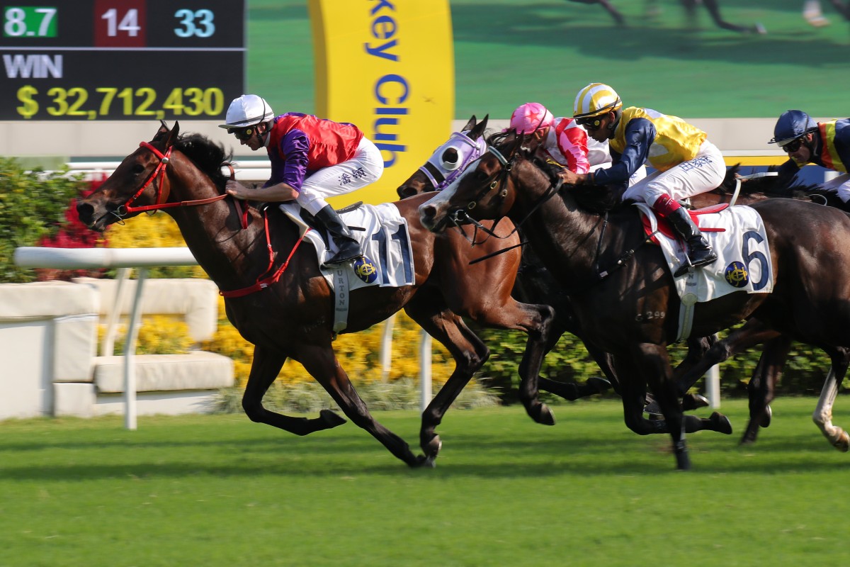The John Size-trained Ensued salutes under Zac Purton at Sha Tin on Sunday. Photo: Kenneth Chan